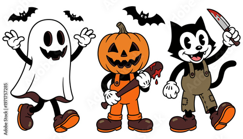 A playful cartoon ghost jack o' lantern and black cat character group with bats in a spooky Halloween celebration scene jackolantern pumpkin holiday orange white illustration