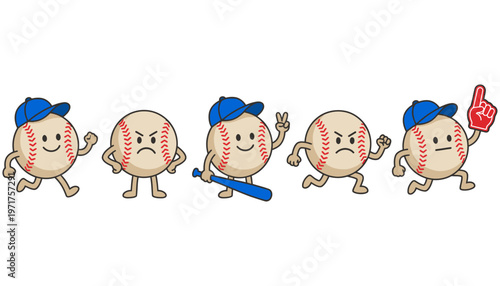 Five cartoon baseball characters with different emotions and actions one holding a bat and another a foam finger Characters include happy angry and celebratory poses 177 Characters