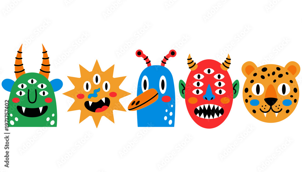 Fototapeta premium Five colorful stylized cartoon monsters and a leopard face arranged horizontally each with multiple eyes and unique features creature alien fantasy funny illustration character