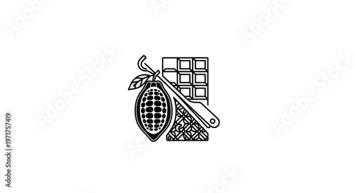 Cocoa pod, chocolate bar, and knife line art icon - fresh ingredients and confectionery concept