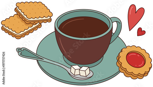 A whimsical illustration depicts a steaming cup of coffee with two sugar cubes on a spoon and two sandwich cookies accompanied by a jam filled biscuit and two red hearts saucer