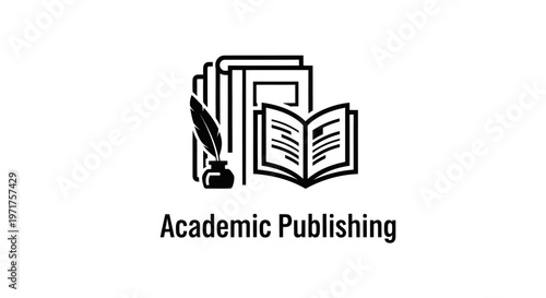 Academic Publishing Icon: Books, Quill Pen, Inkwell, and Text