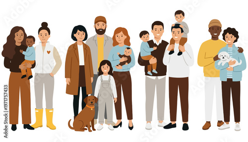 A diverse group of people including adults and children standing together with a dog and a puppy in a cheerful arrangement family diversity unity connection love happiness