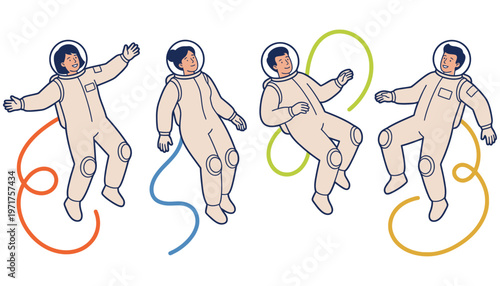 Four cartoon astronauts in white suits float in space connected by colorful umbilical cords with joyful expressions and outstretched arms 170 characters floating zero gravity