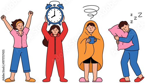 Four people depicted in various states of wakefulness from energetic to deeply asleep with one holding an alarm clock and another holding a mug awake waking up tired exhaustion
