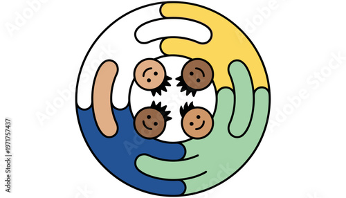 Four smiling cartoon children with diverse skin tones are clasped by colorful arms forming a circle representing unity and friendship diversity togetherness community happy