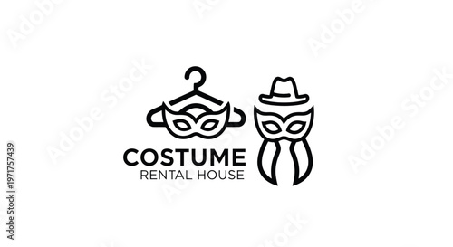 Costume Rental House Logo: Masquerade Mask, Hanger, Hat on White Background
