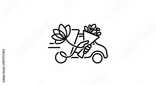 Flower Delivery Service Icon: Hand holding bouquet on moving car, line art concept