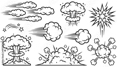 A collection of comic book style explosion and speed lines depicting clouds of smoke mushroom clouds and starbursts for graphic design boom blast energy impact motion cartoon