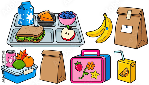 A colorful collection of school lunch items including a sandwich milk carton pie blueberries apple bananas juice box lunchbox and paper bags food meal children healthy education