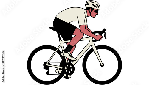 A cyclist in full racing gear with helmet and sunglasses rides a white road bike leaning forward in a dynamic active pose bicycle cycling sport race rider athlete motion speed