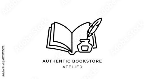 Vintage Open Book with Quill Pen and Inkwell Icon - Authentic Bookstore Atelier
