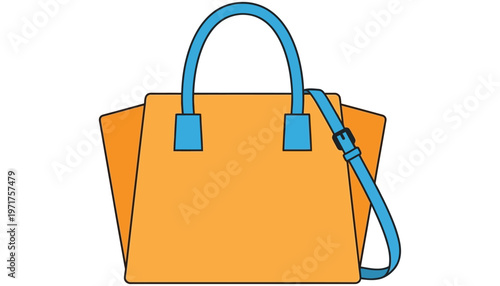 A modern orange tote bag with blue straps and handles is depicted in a clean graphic illustration style showcasing everyday style handbag purse accessory fashion stylish design