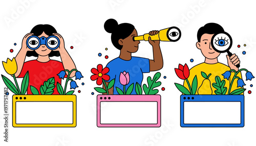 Diverse people with magnifying glass binoculars and telescope explore flowers and fruit displayed in stylized web browser windows exploration discovery research observation