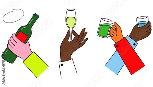 Diverse hands holding a wine bottle champagne flute beer mug and water glass symbolizing celebration and togetherness toast drink diversity alcohol beverage party social gathering
