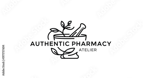 Authentic Pharmacy Atelier Logo with Mortar and Pestle, Herbs and Leaves