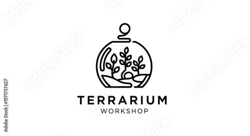 Minimalist terrarium logo, plants in glass bottle, workshop branding, vector illustration