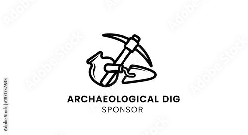 Archaeological Dig Sponsor Icon: Pickaxe, Shovel, Pottery Shard on White Background
