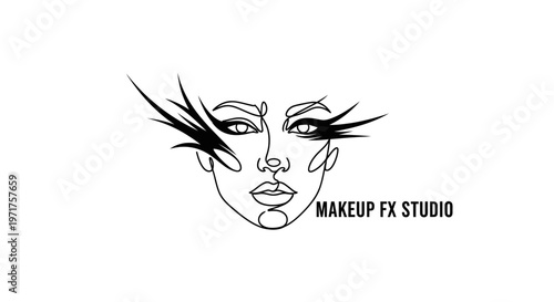 Abstract Face Line Art with Bold Eyelashes and Makeup Studio Text