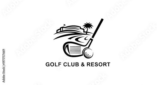 Golf Club and Resort Logo with Golf Club, Ball, and Building Silhouette