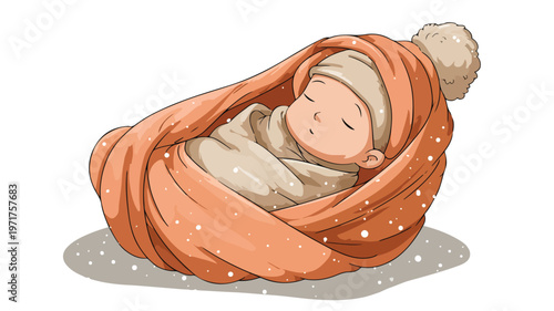 Peaceful Newborn Sleeping in Cozy Blanket - Vector Illustration with Outline