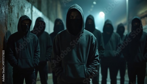 Group of masked youths in hoodies stand in dark alleyway. Teenagers gather at night, hooded figures form a menacing pack. Young men pose together, representing gang or rebellion.