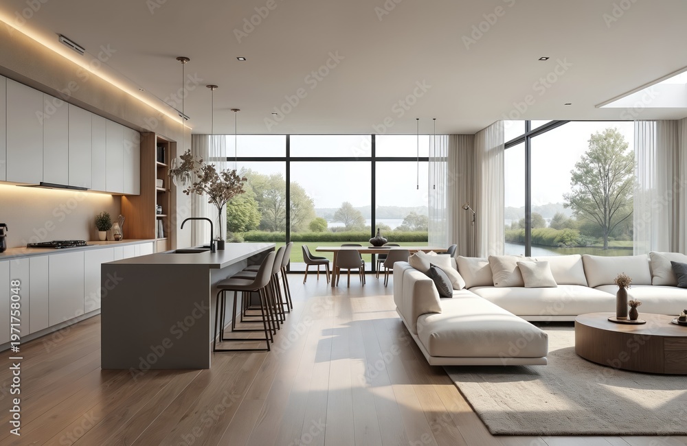 Fototapeta premium Modern open plan home interior with kitchen island dining table and sofa. Large windows show green landscape with lake. Luxury living space with natural light.