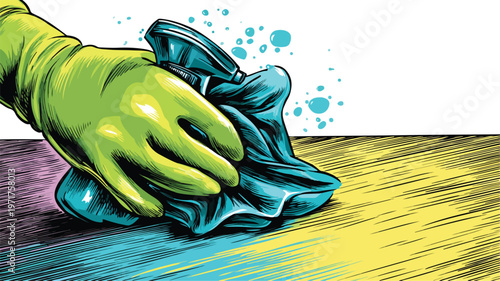 Efficient Professional Cleaning Table Spray Concept with Hand in Rubber Gloves