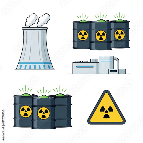 Illustration of industrial nuclear power plant with cooling tower and radioactive waste barrels
