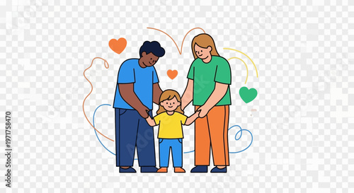 Diverse family with child and hearts on transparent background.