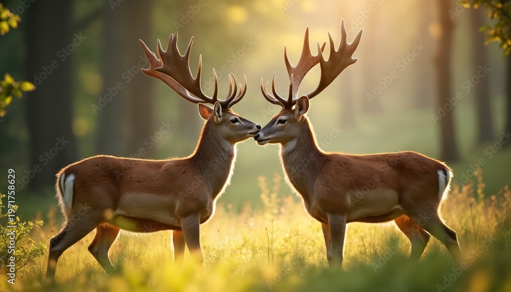 Obraz premium Two stags touch noses in summer forest bathed in golden light. Wild deer stand close together in lush green meadow, showing natural bonding and companionship in woodland habitat.