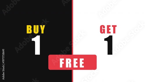 Buy 1 Get 1 Free promotional banner, retail sales marketing animation with bold typography, commercial discount offer on split black and white background, special deal motion graphic