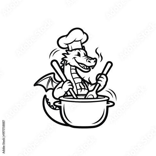 Cartoon dragon chef character stirring a pot with wooden spoons, creating steam, in a dynamic black and white illustration with a playful, energetic mood against a clean white background