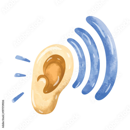 Listening vector illustration, human ear and sound waves hearing vector, hand drawn watercolor painting style, clip art listening, listening clip art