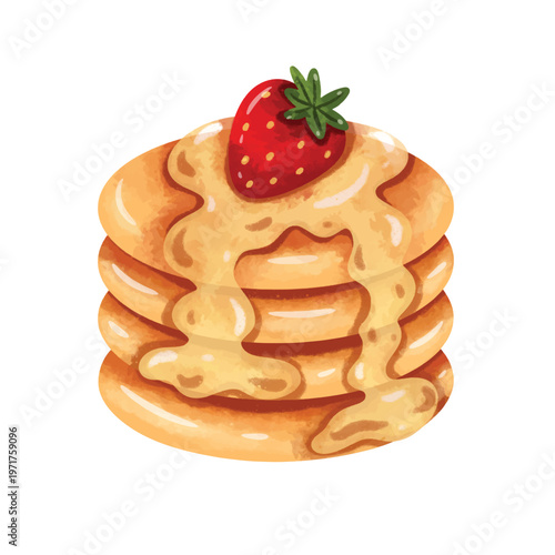 Pancake vector illustration, hand drawn watercolor painting style, clip art pancakes, pancake clip art, sweet pancakes stack with strawberry and maple syrup