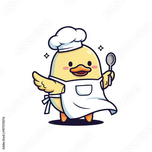 A cute cartoon duck character wearing a chef hat and apron holds a spoon, looking happy against a white background, embodying a fun culinary theme with a cheerful, clean aesthetic