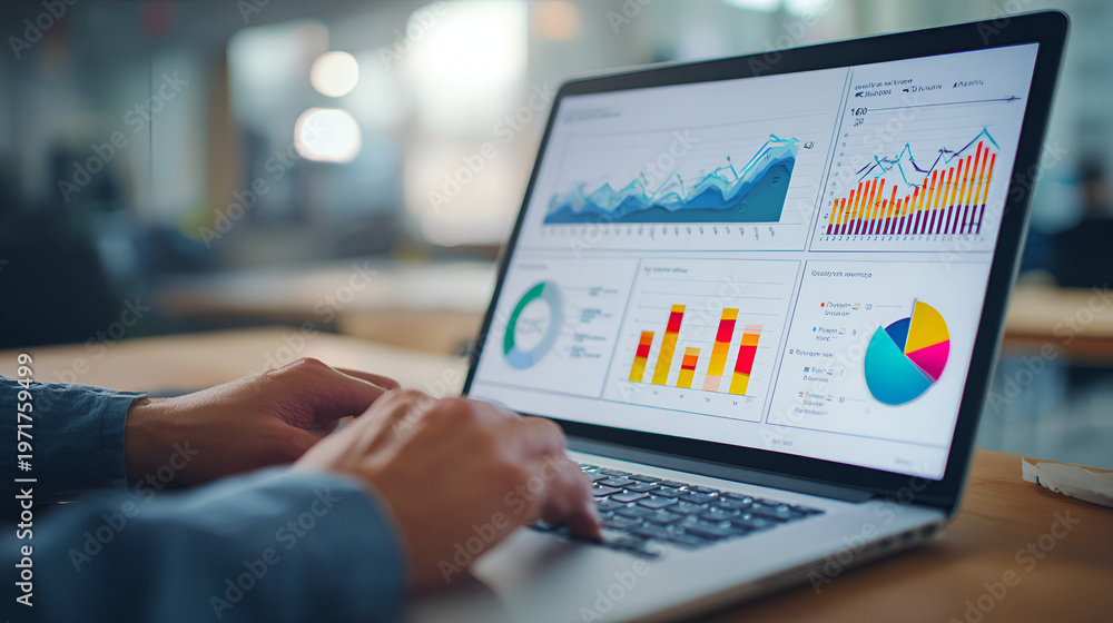 Fototapeta premium Web analytics dashboard. Marketing data visualization. Statistical graphs and reports. Businessperson analyzing website traffic using a laptop computer.