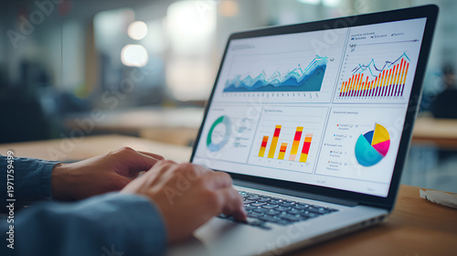 Web analytics dashboard. Marketing data visualization. Statistical graphs and reports. Businessperson analyzing website traffic using a laptop computer.