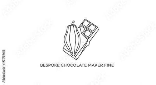Minimalist line art of cacao pod on chocolate bar, representing artisanal chocolate making.