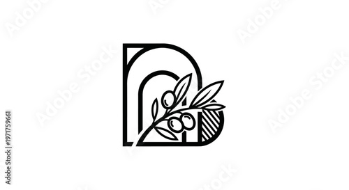 Elegant Monogram 'D' with Olive Branch and Leaves - Minimalist Logo Design