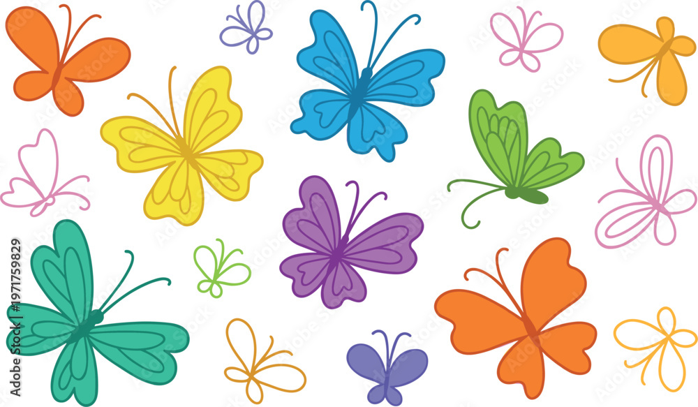 Obraz premium Cute Crayon Butterfly and Flower Doodle Background in Pastel Colors