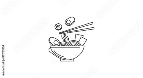 Minimalist Ramen Bowl Icon with Chopsticks and Ingredients, Asian Food Illustration