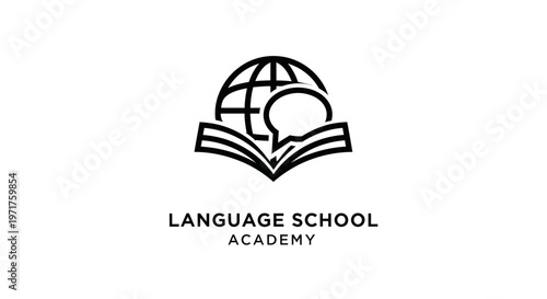 Language school academy logo: open book with globe and speech bubble icon