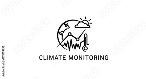 Climate Monitoring Icon: Earth, Graph, Thermometer, Sun, Cloud, Weather