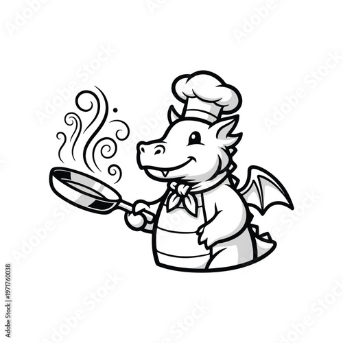 A cartoon dragon chef in uniform proudly holds a frying pan with steam rising, conveying a fun and culinary theme against a white background