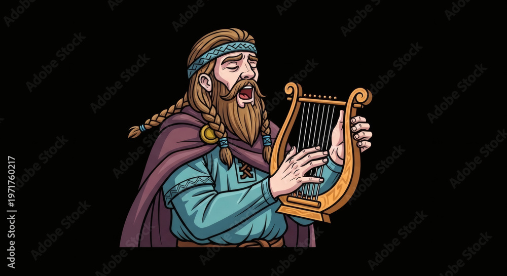 Obraz premium Viking Musician Playing Harp with Braided Beard and Purple Cape