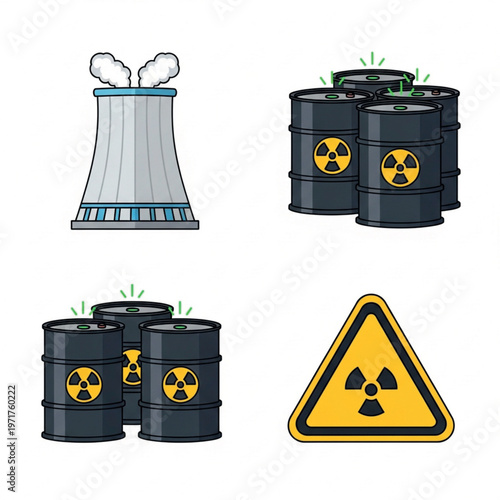 Illustrations of nuclear power infrastructure cooling tower, radioactive waste drums, and radiation hazard warning sign, symbolizing energy, industry, and safety