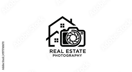 Real Estate Photography Logo: House Outline with Camera Lens Icon