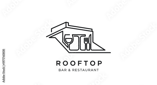 Rooftop Bar & Restaurant Logo - Minimalist Line Art of Building, Wine Glass, Fork, Knife