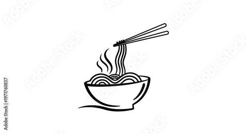 Steaming Bowl of Noodles with Chopsticks, Simple Line Art
